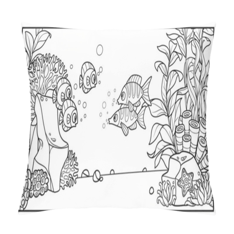 Personality  Sea Fishes On The Background Of The Seabed With Stones, Anemones And Algae Linear Drawing For Coloring On A White Background  Pillow Covers