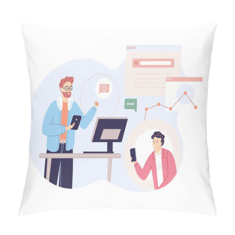 Personality  Male Programmer Accepts Application From Client. Professional Developer Work At Customer Service Support. Technical Specialist Of Helpline. Analyzing Planning Process Website Workflow Cartoon Vector Pillow Covers