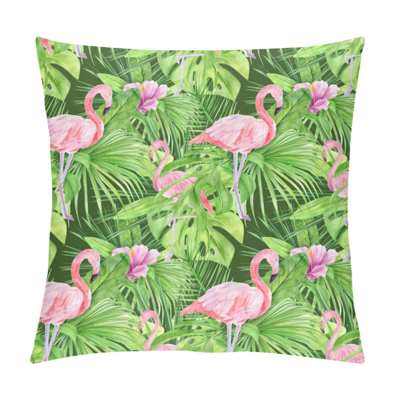 Personality  Watercolor Illustration Seamless Pattern Of Tropical Leaves And Pink Flamingo. Perfect As Background Texture, Wrapping Paper, Textile Or Wallpaper Design. Hand Drawn Pillow Covers