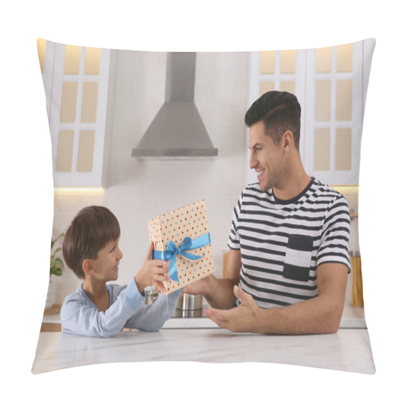 Personality  Man Receiving Gift For Father's Day From His Son In Kitchen Pillow Covers