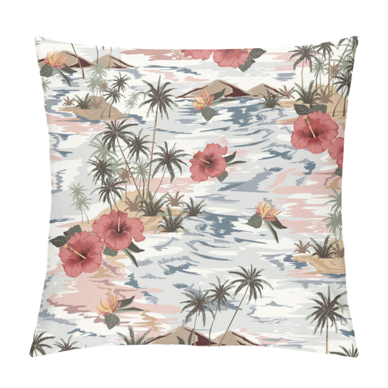 Personality  Seamless Island Pattern With Palm Trees, Flowers And Ocean Waves Pillow Covers