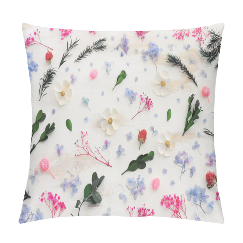 Personality  Top View Image Of Pink, White, Green And Blue Flowers Composition Over White Wooden Background .Flat Lay Pillow Covers