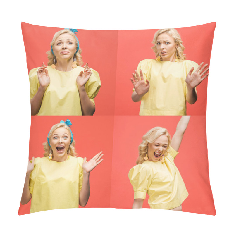 Personality  Collage Of Blonde Beautiful Young Woman In Retro Outfit Showing Various Emotions And Gestures Isolated On Red Pillow Covers