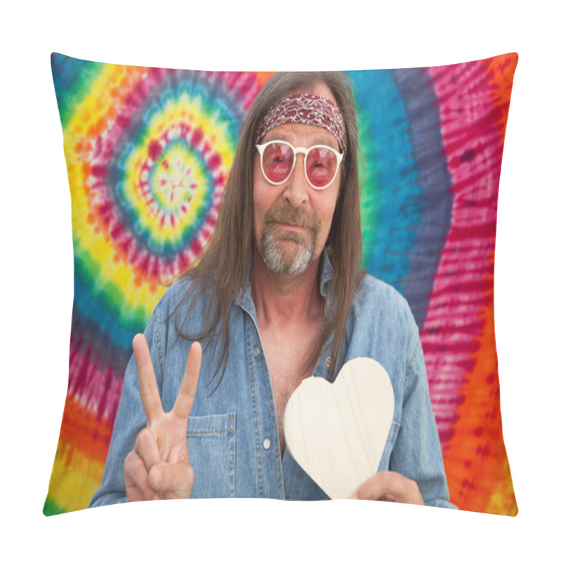 Personality  Hippie Middle-aged Man Making The Victory Sign Pillow Covers