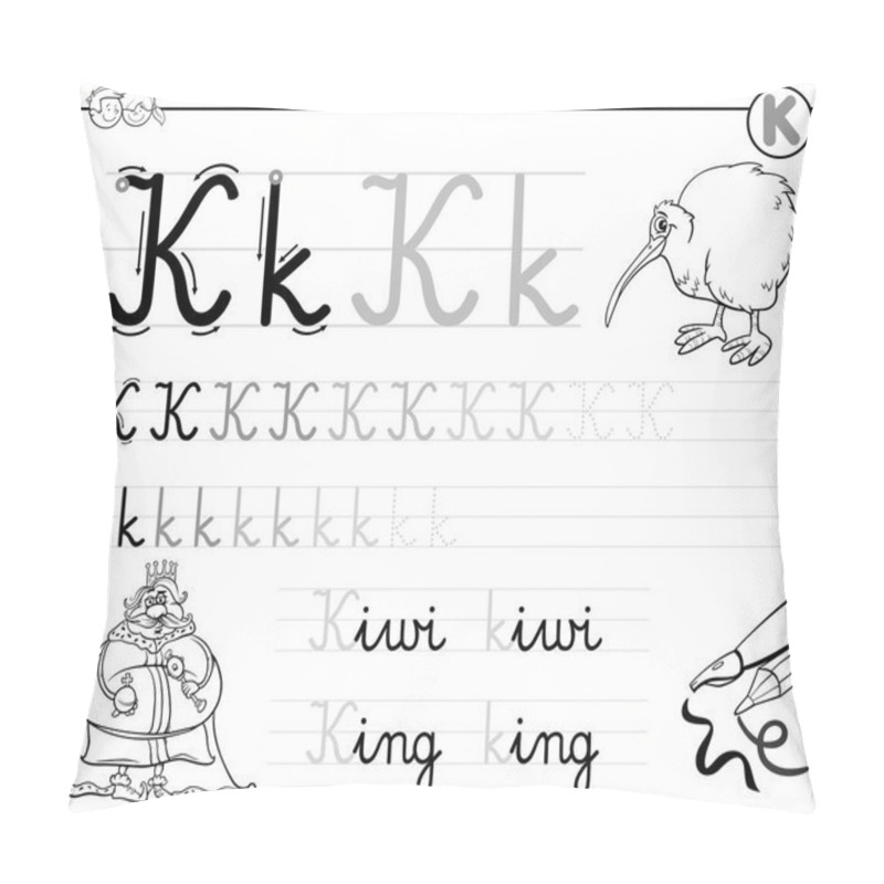 Personality  Black And White Cartoon Illustration Of Writing Skills Practice With Letter K For Preschool And Elementary Age Children Color Book Pillow Covers