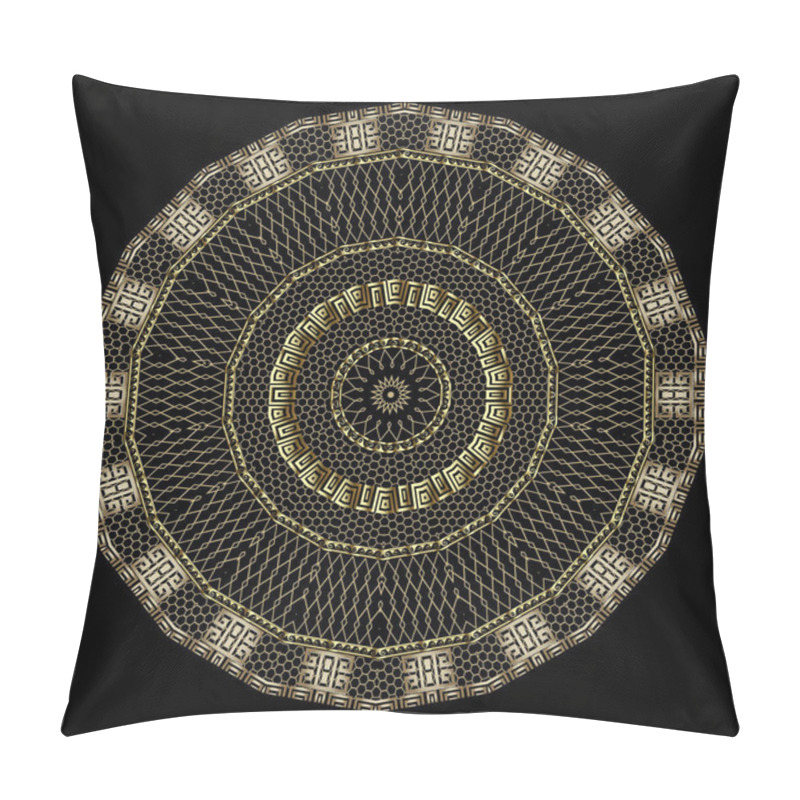 Personality  Gold Greek Style 3d Grid Vector Mandala Pattern. Ornamental Golden Lace Zig Zag Background. Greek Key Meander Round Frames, Shapes, Zigzag, Circles. Textured Repeat Ornament. Geometric Ornate Design. Pillow Covers