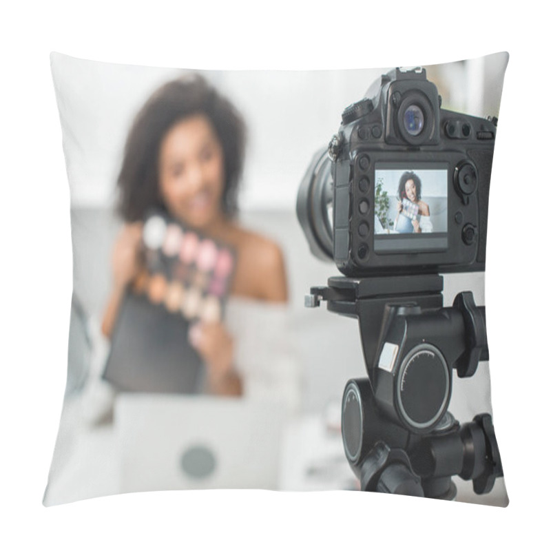 Personality  Selective Focus Of Digital Camera With Happy African American Girl In Braces Holding Palette With Eye Shadow And Cosmetic Brush On Display  Pillow Covers