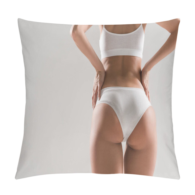 Personality  Back View Of Beautiful Slim Woman In Underwear With Hands On Hips Isolated On Grey Pillow Covers