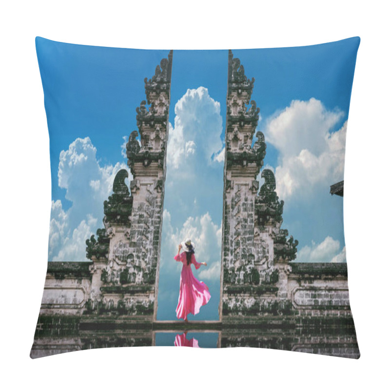 Personality  Young Woman Standing In Temple Gates At Lempuyang Luhur Temple In Bali, Indonesia. Vintage Tone. Pillow Covers