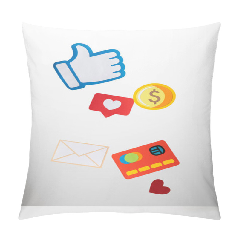 Personality  Colorful Paper Cut With Envelope, Coin, Credit Card, Hearts And Thumb Up On White Background Pillow Covers