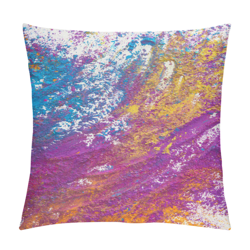 Personality  Top View Of Yellow, Purple, Orange And Blue Holi Powder On White Background Pillow Covers