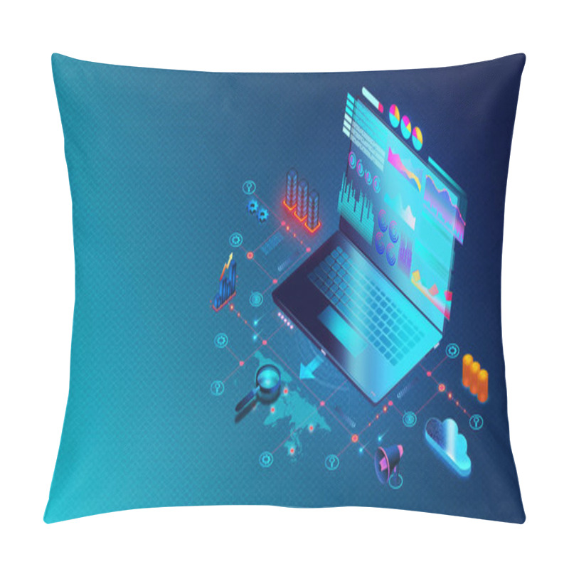 Personality  Sales And Business Intelligence Concept - Marketing Campaigns And Programmatic Marketing - Laptop Surrounded By Sales And Marketing Symbols - 3D Illustration Pillow Covers