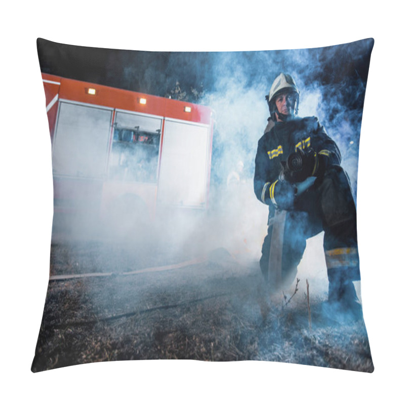 Personality  Fireman Team In Full Gear Operating A Water Hose In An Area Filled With Smoke Pillow Covers