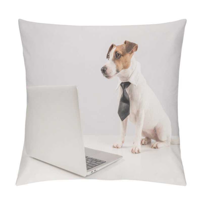 Personality  Cute Jack Russell Terrier Dog In A Tie Working On A Laptop On A White Background Pillow Covers