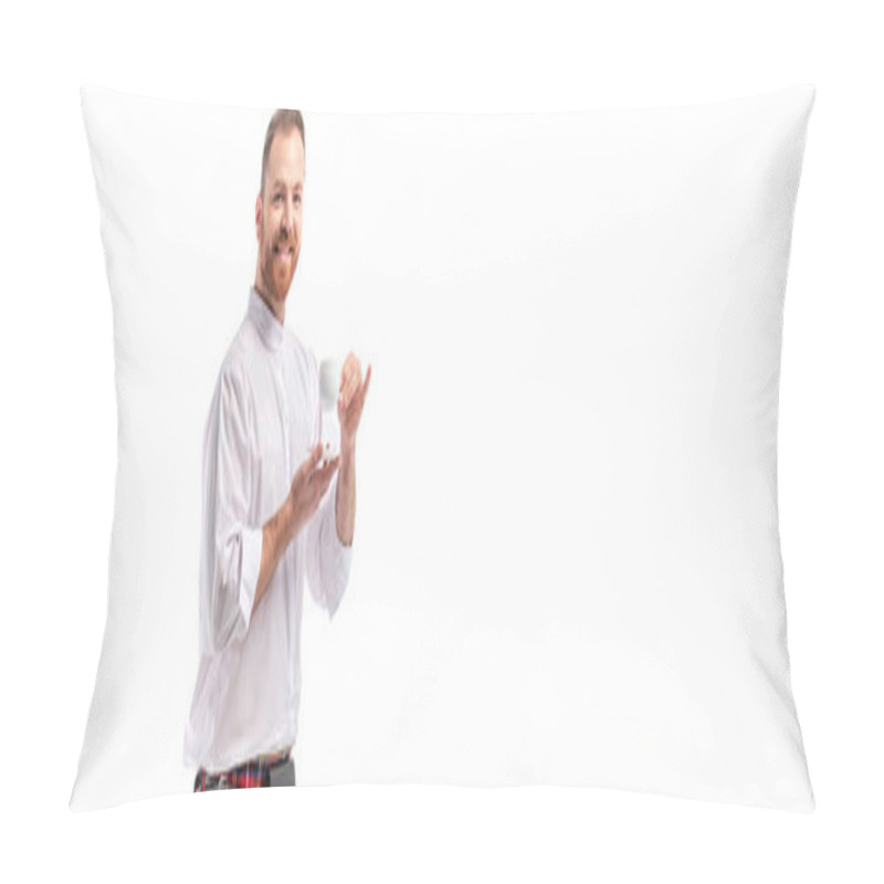 Personality  Smiling Scottish Redhead Man In Red Kilt Drinking Coffee Isolated On White, Panoramic Crop Pillow Covers