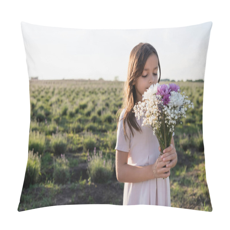 Personality  Brunette Girl In White Dress Smelling Aromatic Bouquet In Meadow Pillow Covers