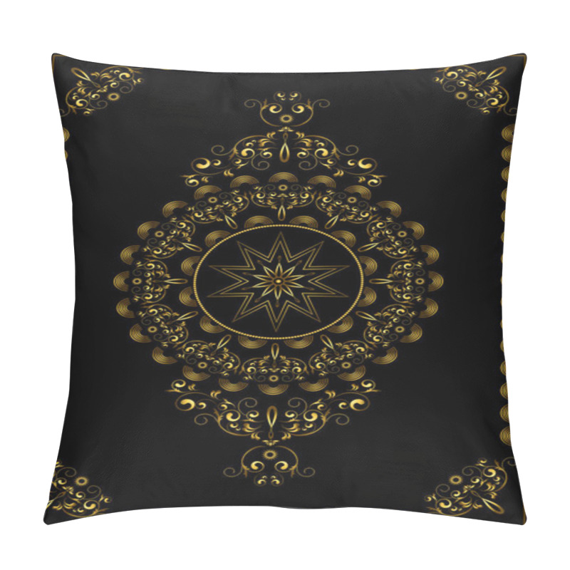 Personality  Vintage Luxury Gold Frame With Gold Swirls Of Ornament, Beads And A Radiant Star In The Center On A Black Backgroun Pillow Covers