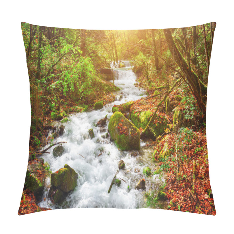 Personality  Amazing View Of Mountain River Among Mossy Stones And Fall Woods Pillow Covers