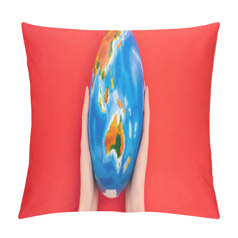 Personality  Panoramic View Of Woman Holding Globe Isolated On Red, Global Warming Concept Pillow Covers