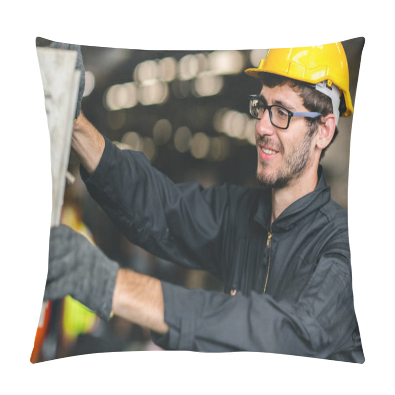 Personality  Professional High Skill Young American New Generation Worker Happy Enjoy Smiling To Work In A Heavy Industrial Factory Machine Control Operator Pillow Covers