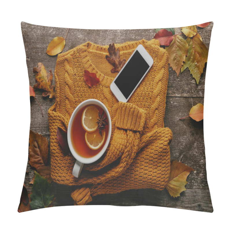 Personality  Flat Lay With Cup Of Tea, Ornage Sweater, Smartphone With Blank Screen And Fallen Leaves On Wooden Surface Pillow Covers