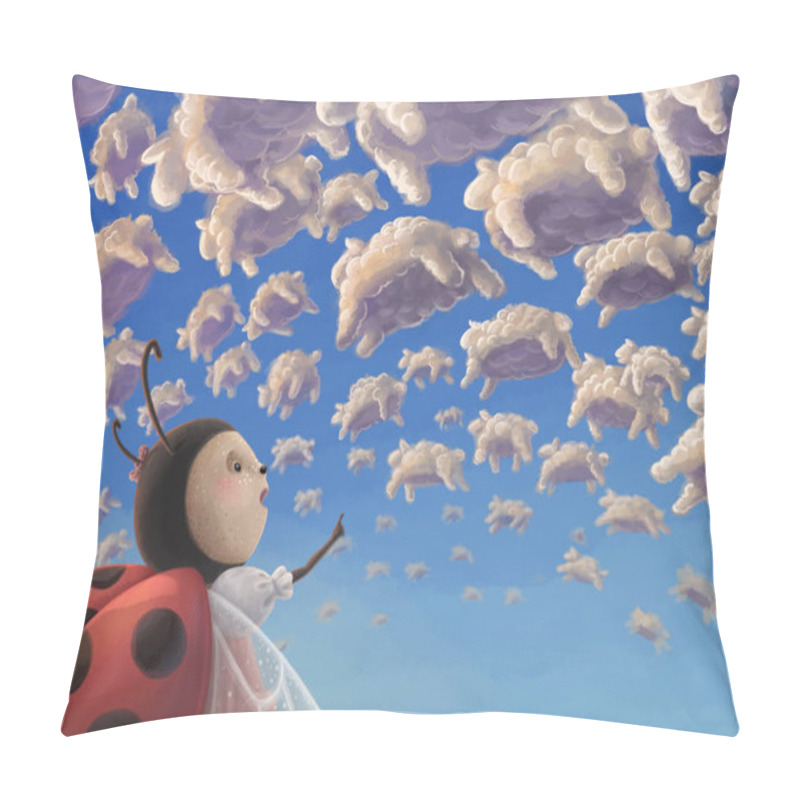 Personality  Digital Illustration Of Cute Ladybug Counting Sheep Clouds Before To Sleep Pillow Covers