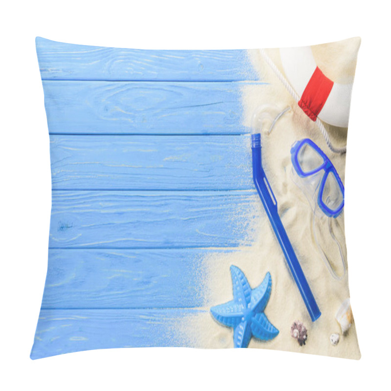 Personality  Beach Toys And Diving Mask On Blue Wooden Background Pillow Covers