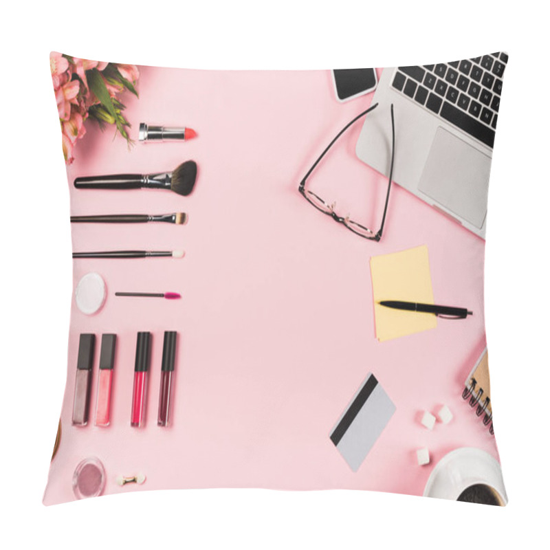 Personality  Top View Of Laptop, Smartphone With Blank Screen, Cup Of Coffee, Credit Card, Glasses, Flowers And Decorative Cosmetics On Pink Pillow Covers