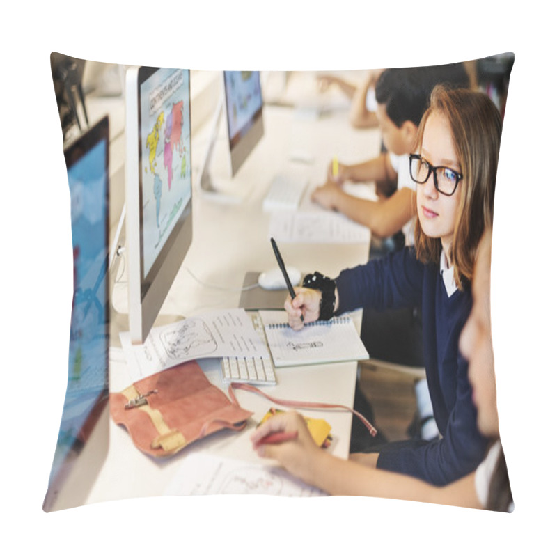 Personality  Elementary Pupils In Computer Classroom Pillow Covers