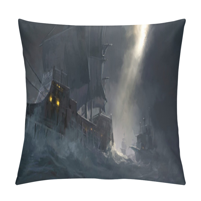 Personality  Digital Painting Of Ancient Warships Traveling On Rough Seas. Pillow Covers