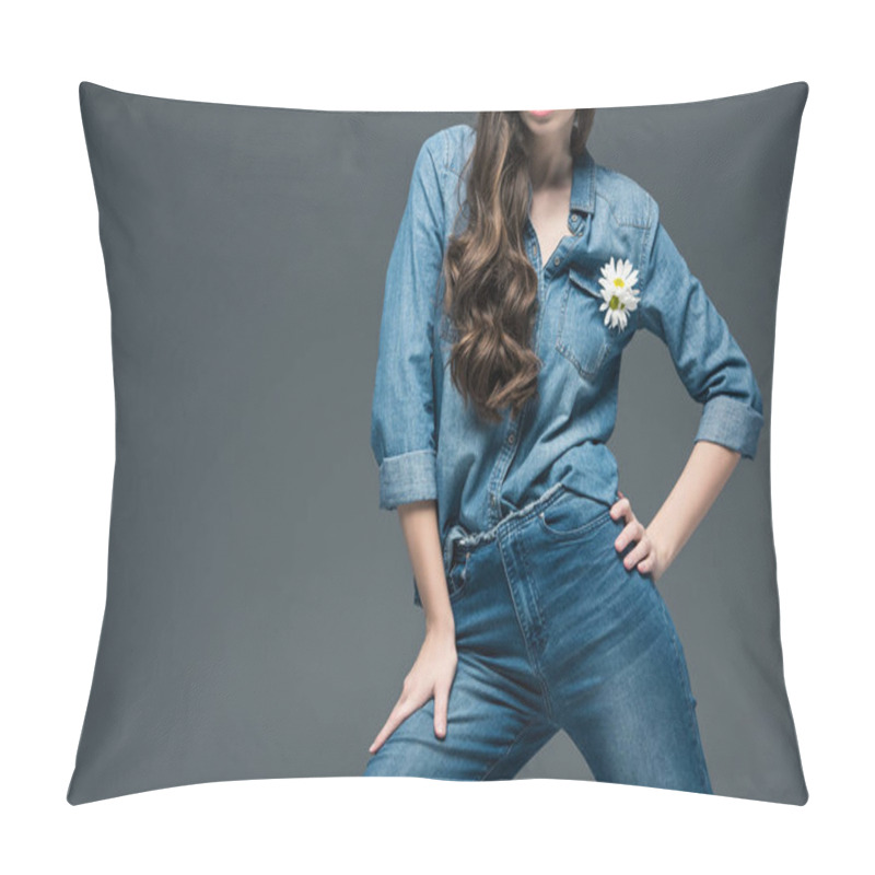 Personality  Cropped View Of Girl Posing In Denim Shirt With Flower, Isolated On Grey Pillow Covers