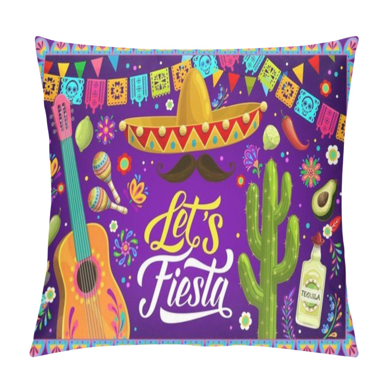 Personality  Mexican Fiesta Party Banner Or Flyer With Sombrero, Guitar And Papel Picado Flags, Vector Background. Mexico Holiday Festival Tequila, Avocado, Cactus With Maracas And Mustaches In Papel Picado Frame Pillow Covers