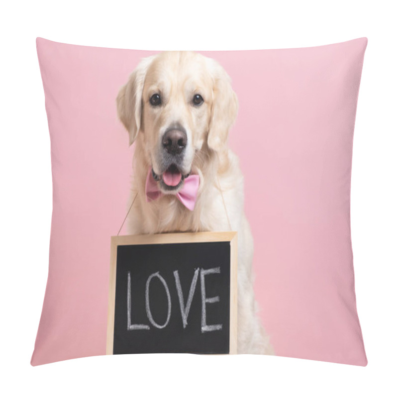 Personality  The Dog Is Holding A Black Sign With The Text LOVE. A Golden Retriever Sits On A Pink Background Wearing A Bow Tie And Looking At The Camera. Conceptual Advertising, Banner Pillow Covers