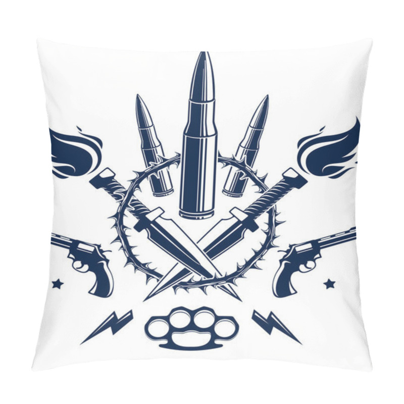 Personality  Revolution And War Vector Emblem With Bullets And Guns, Logo Or Tattoo With Lots Of Different Design Elements, Riot Partisan Warrior, Criminal And Anarchist Style, Social Tension Theme. Pillow Covers