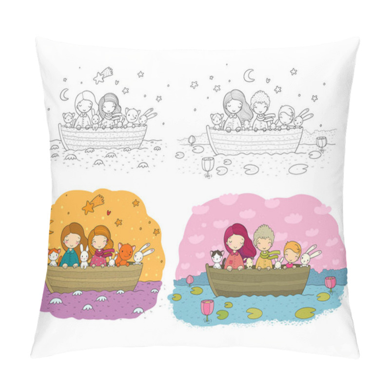 Personality  Cute Cartoon Sisters Swim In A Boat With Hares, A Cat And A Fox. Little Girls And Funny Animals Pillow Covers