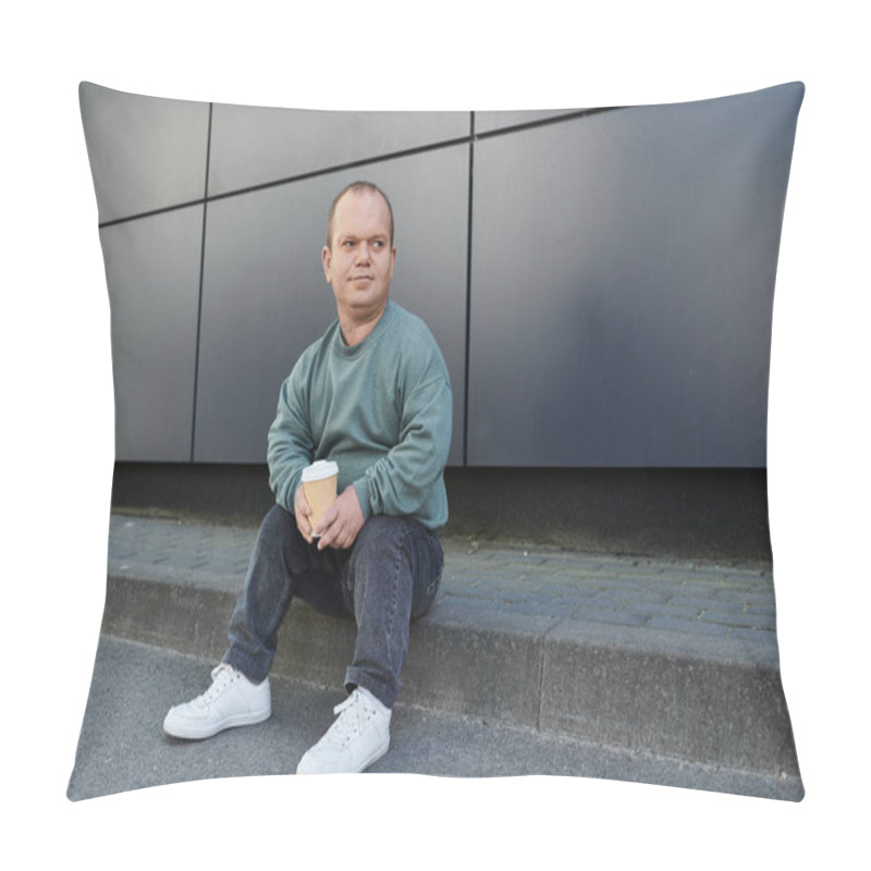 Personality  A Man With Inclusivity Sits On A Curb, Holding A Coffee Cup, Looking Off Into The Distance. Pillow Covers