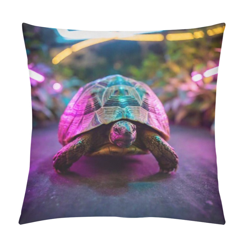 Personality  A Cybernetic Tortoise Crawling Slowly Through A Neon Garden, Its Shell Adorned With Glowing Patterns That Mimic Natural Designs. Full Shot (FS), Tilt-Shift, Eye Level Shot Pillow Covers