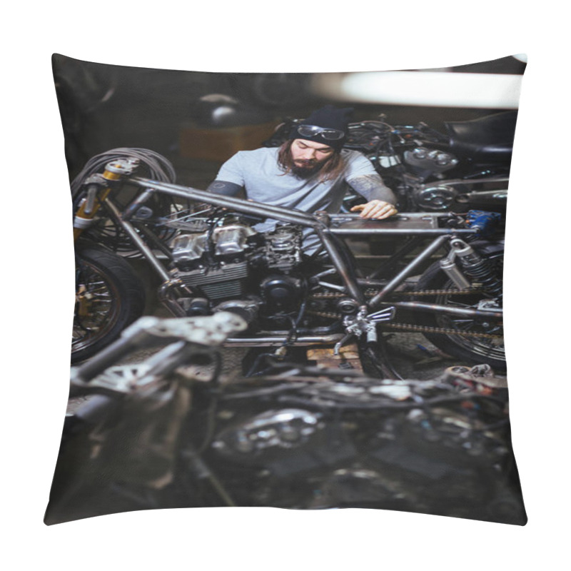 Personality  Portrait Of Modern Heavily Tattooed Man Assembling Custom Motorcycle In Garage Pillow Covers