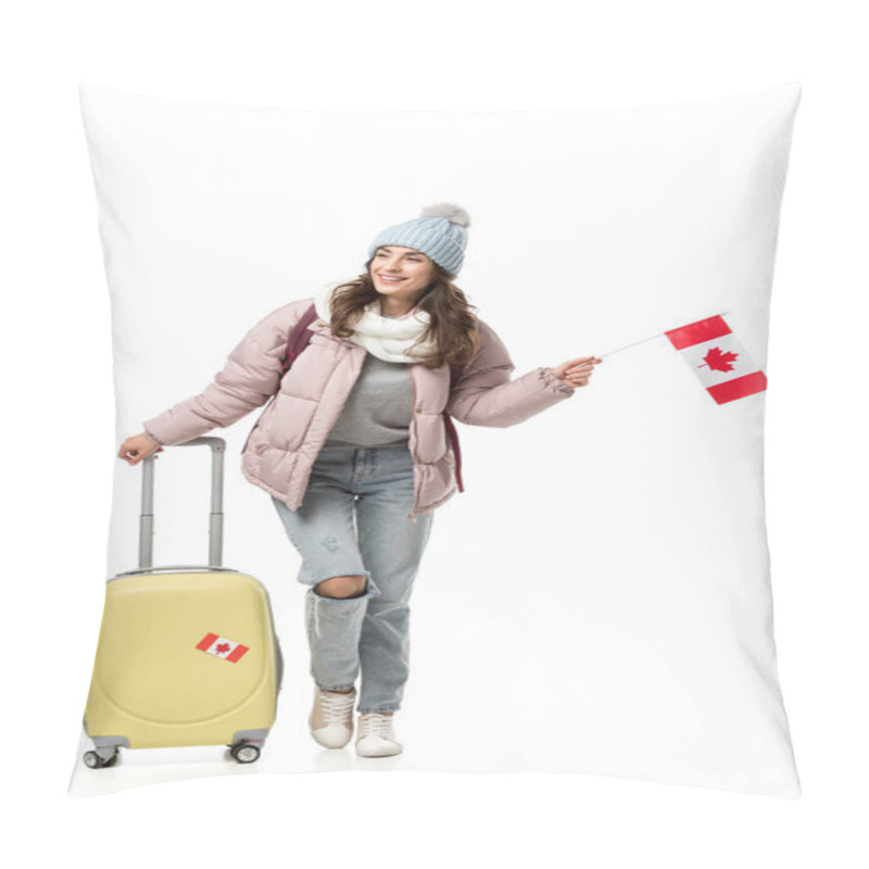 Personality  Female Student In Winter Clothes With Suitcase Holding Canadian Flag Isolated On White Pillow Covers