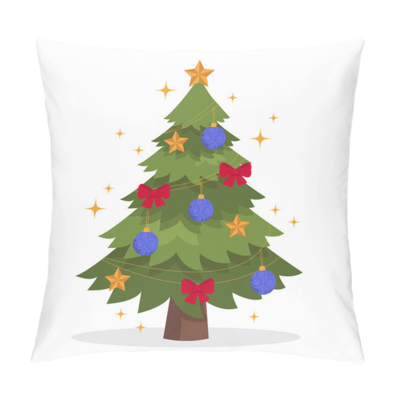 Personality  Beautiful Christmas Tree Decorated With Balls, Bows And Stars. Vector Graphic. Pillow Covers