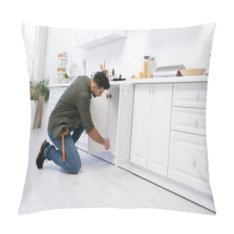 Personality  Side View Of Muslim Man With Tool Belt Fixing Kitchen Cabinet  Pillow Covers