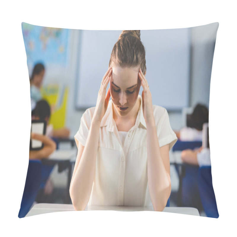 Personality  Depressed Female Teacher Touching Her Head Pillow Covers