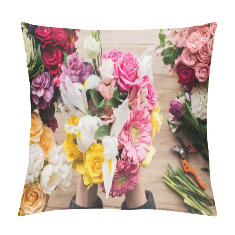 Personality  Partial View Of Florist Holding Bouquet Of Fresh Flowers On Wooden Surface Pillow Covers