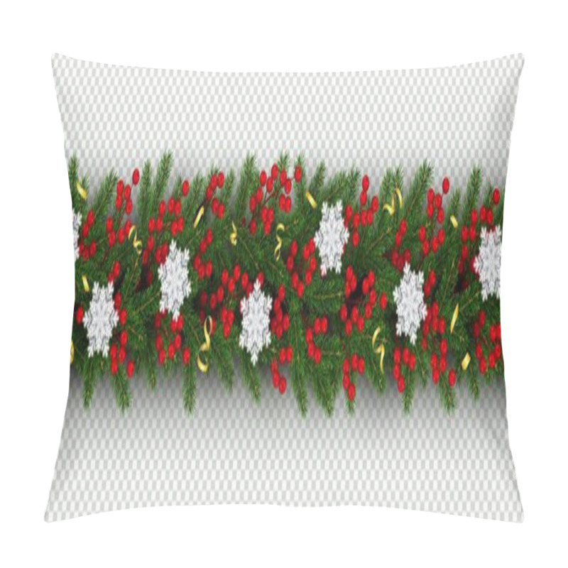 Personality  Christmas And New Year Border Of Realistic Branches Of Christmas Tree, Holly Berries And Snowflake Element For Festive Design Isolated On Transparent Background Vector Pillow Covers