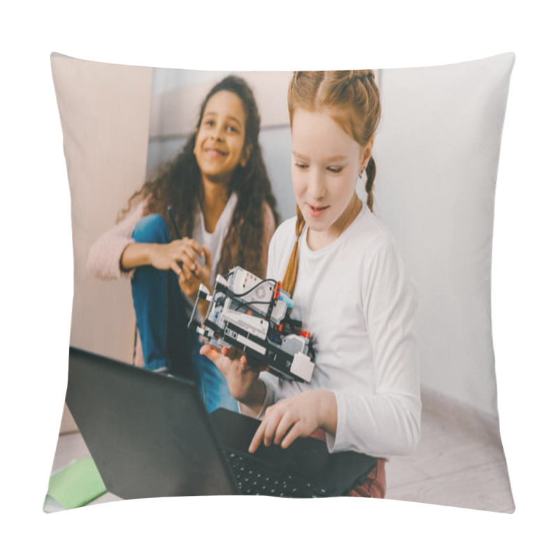 Personality  Teen Schoolgirls Programming Robot While Sitting On Floor Pillow Covers