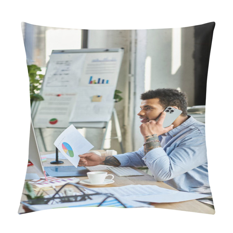 Personality  Focused Individual On A Phone Call While Analyzing Data In An Inviting Workspace Setting Pillow Covers