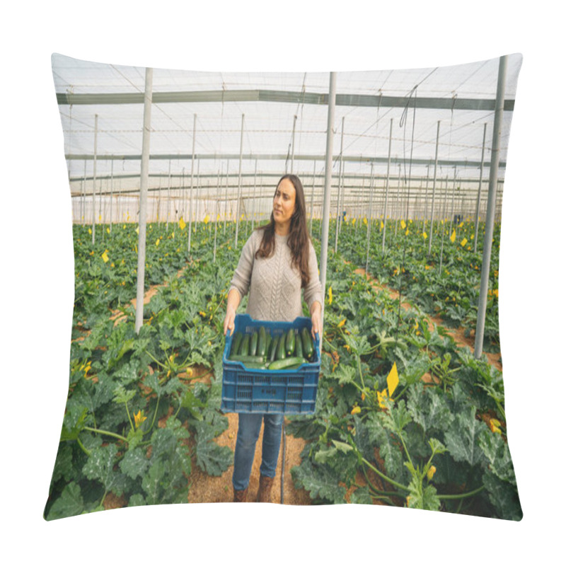 Personality  Young Woman Worker In Greenhouse Holding Box Of Zucchini Organic In Greenhouse. Pillow Covers