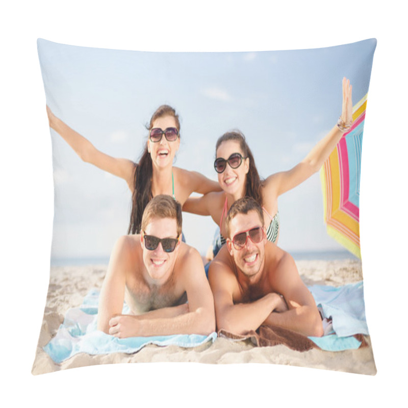 Personality  Group Of Smiling People Having Fun On The Beach Pillow Covers