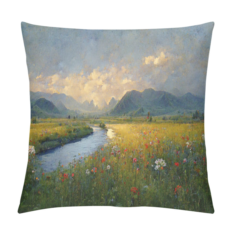 Personality  A Wonderful Natural Landscape With A Wildflower Meadow, River And Mountains In The Background. Calm Evening Light. Idyllic Wildlife Background. Digital Art. Pillow Covers