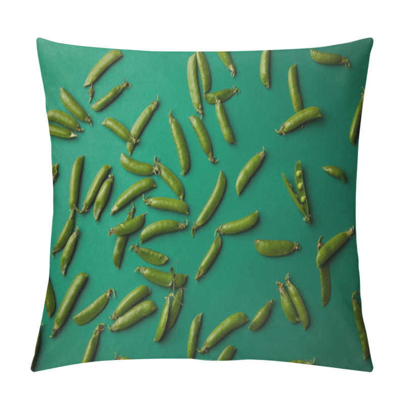 Personality  Top View Of Pea Pods Spilled On Green Surface Pillow Covers